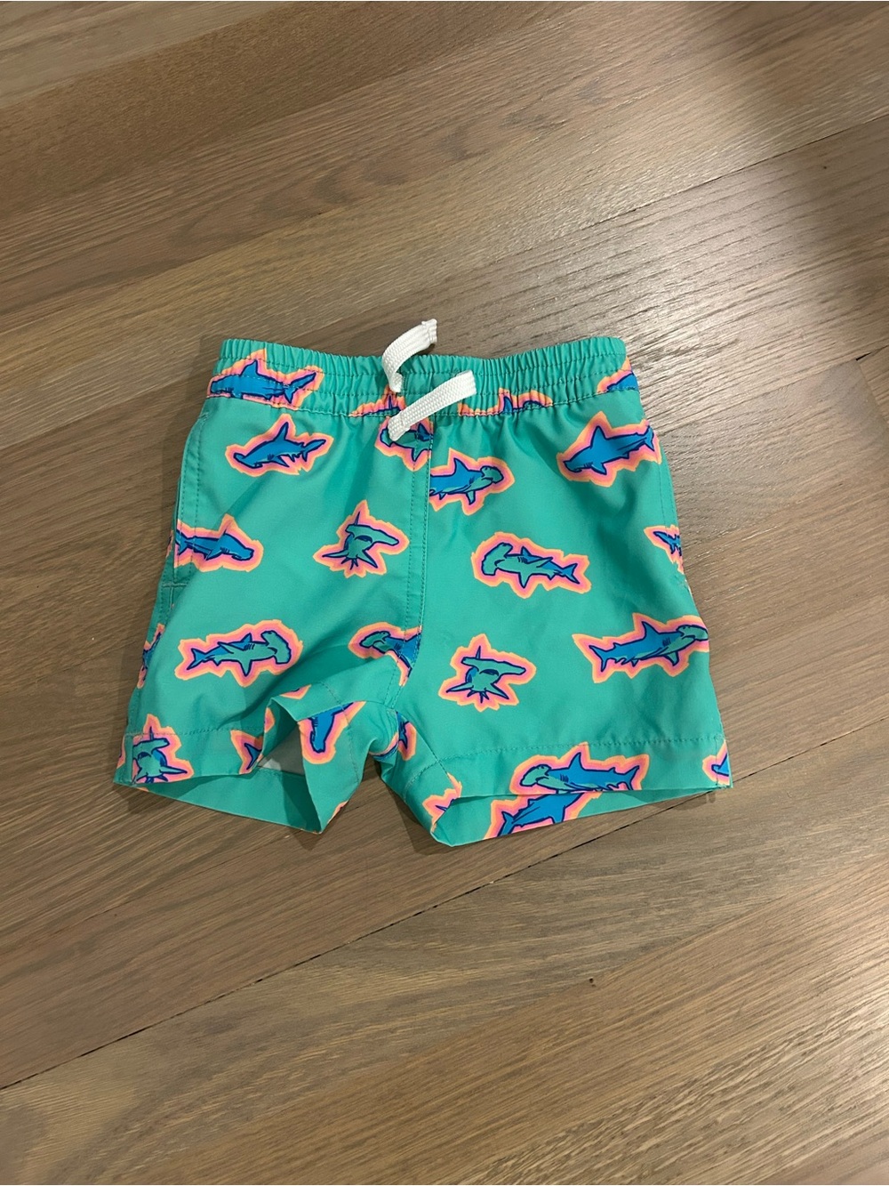 chubbies Teal Swim Trunks with Neon Shark Print